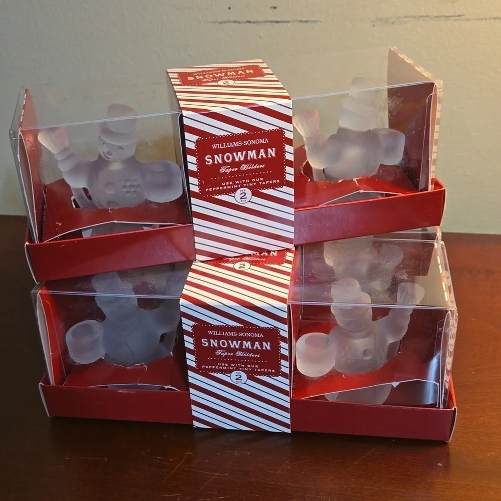 Williams-Sonoma Frosted Snowman Taper Candleholders 3 boxes New in Box